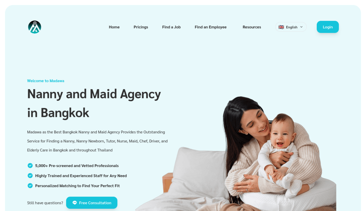 Screenshot of the Madawa Services landing page for nanny and maid services in Bangkok