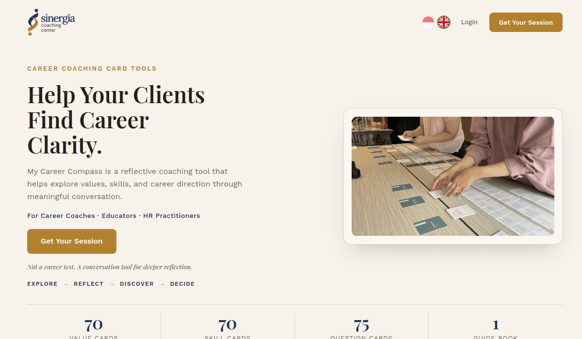 Screenshot of the My Career Compass landing page with its career coaching card tools