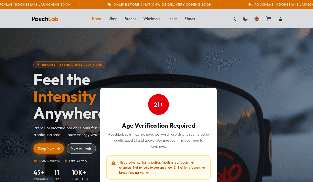 Screenshot of the PouchLab storefront landing page with its age verification dialog