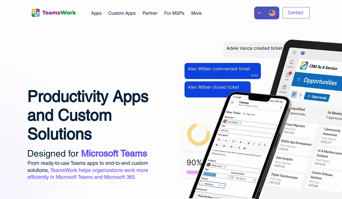 Screenshot of the TeamsWork landing page showing its Microsoft Teams productivity apps
